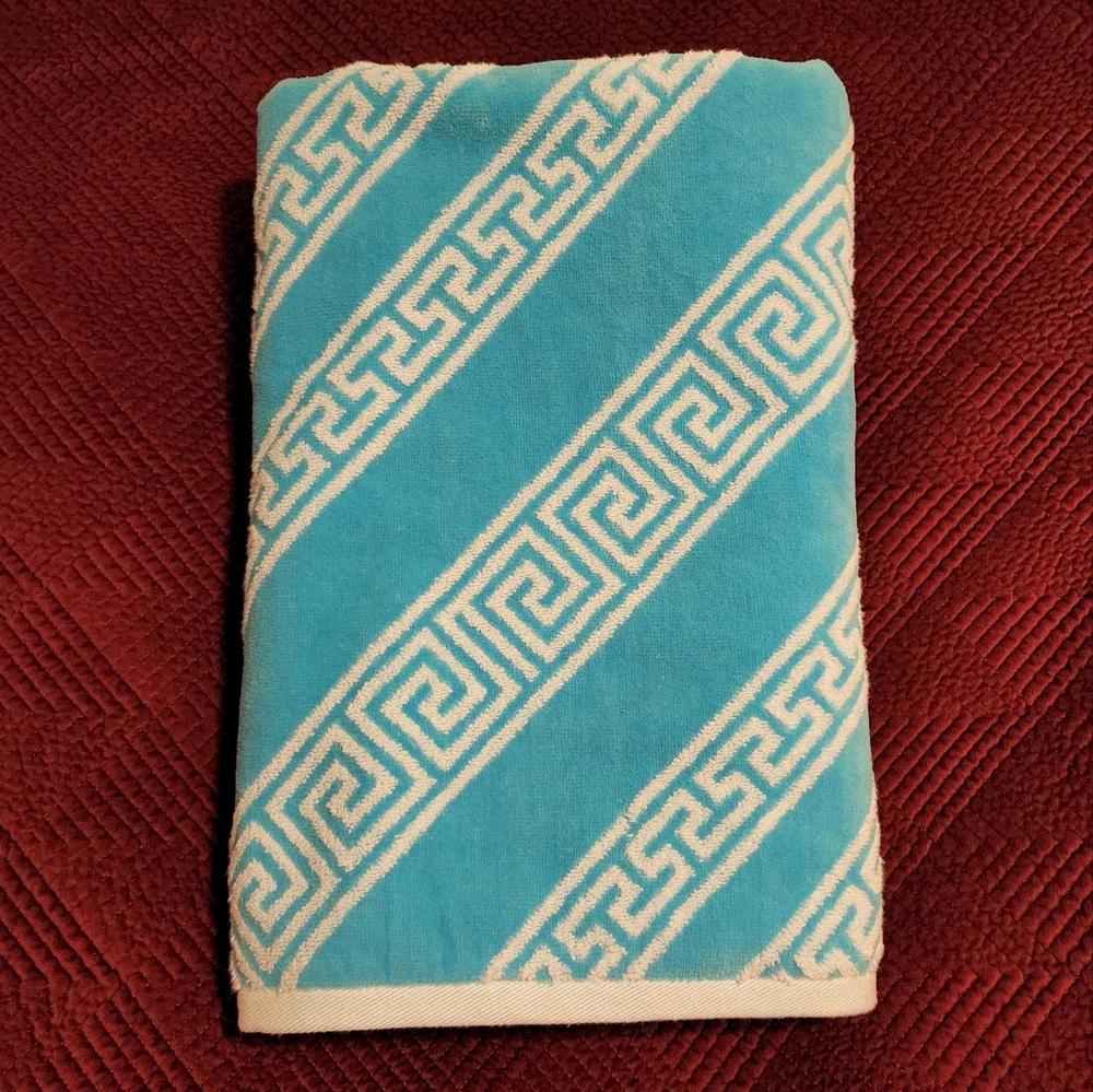 Greek Motif Teal and White Beach Towel NWOT